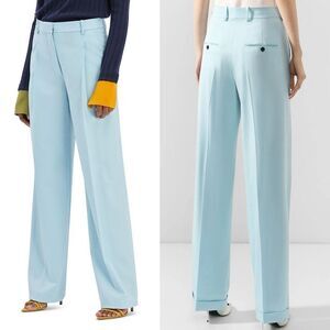 NWT Oscar De La Renta Wool Pleated Cuffed Wide Leg Trouser Pants in Aquamarine 4